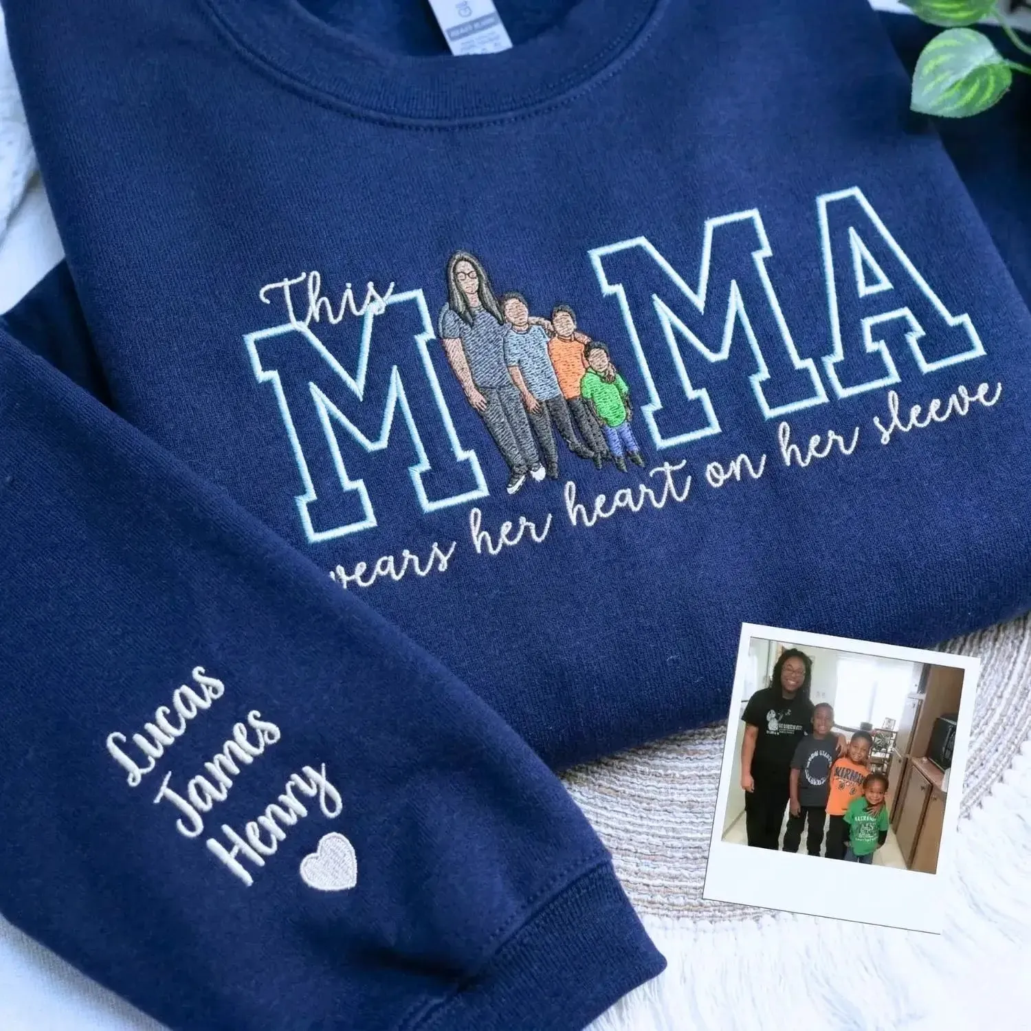 Custom Gift for Mom with Embroidered Mama Wears Her Heart on Her Sleeve, Photo Portrait Sweatshirt or Hoodie sold by Embroly