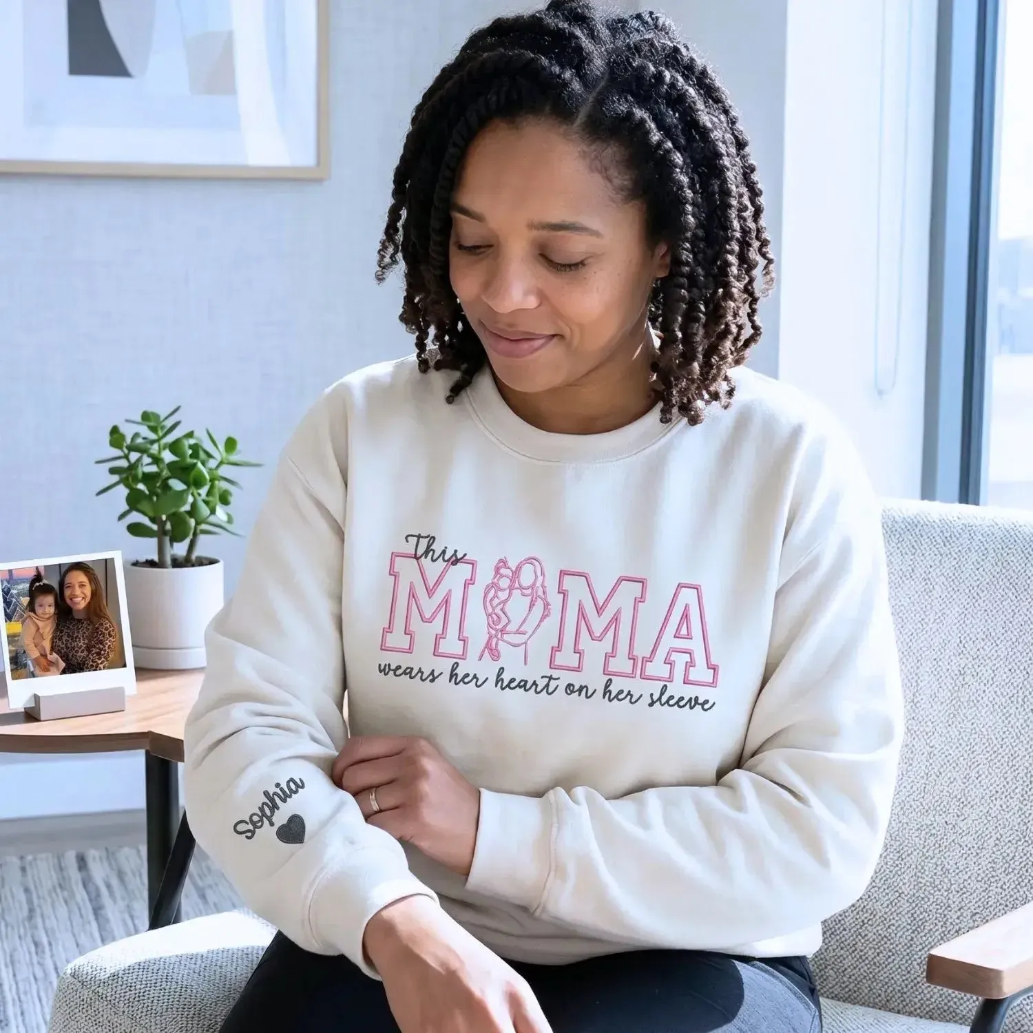 Custom Gift for Mom with Embroidered Mama Wears Her Heart on Her Sleeve, Photo Portrait Sweatshirt or Hoodie sold by Embroly product image thumbnail 4