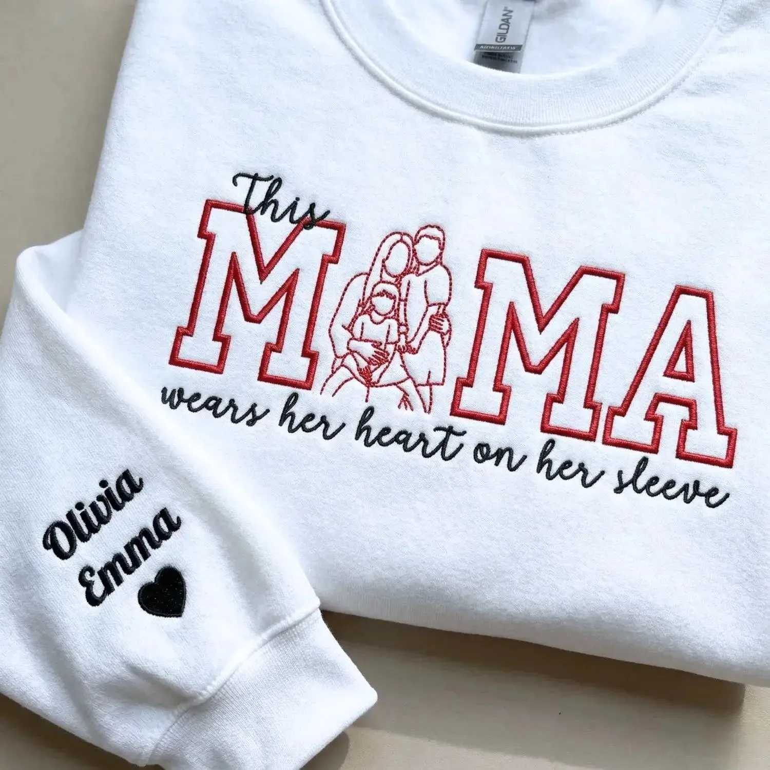 Custom Embroidered This Mama Wears Her Heart on Her Sleeve with Portrait from Photo Sweatshirt, Gifts for Mama sold by Embroly product image thumbnail 5