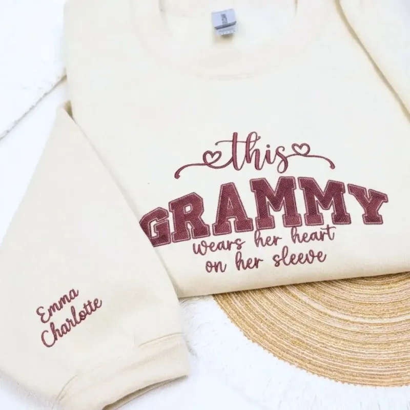 Custom Embroidered This Grammy Wears Her Heart on Her Sleeve Sweatshirt with Names, Personalized Grammy Gifts made by Embroly