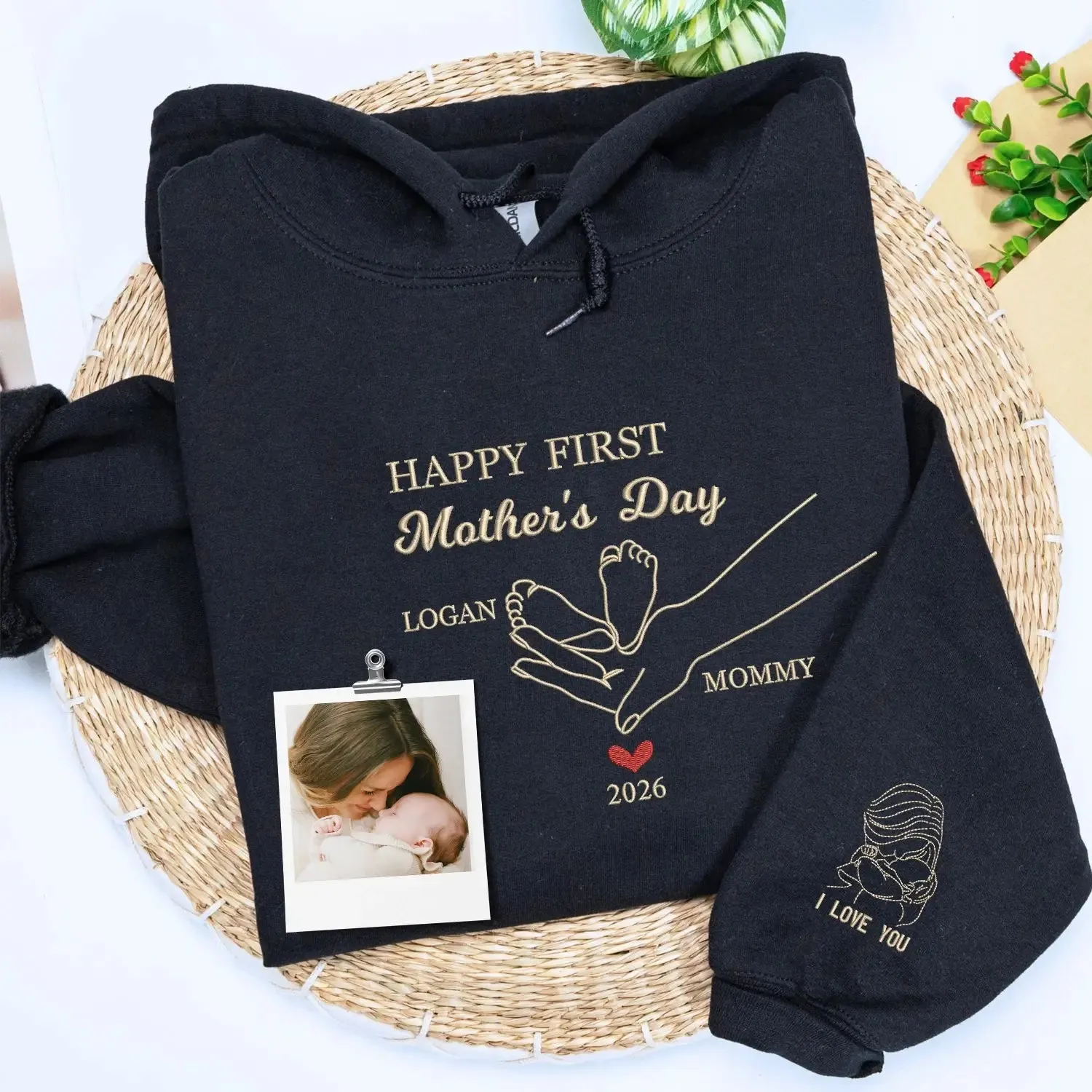 Custom Embroidered First Mother's Day Sweatshirt with Portrait on Sleeve, First Mother's Day Gift for Wife sold by Embroly product image thumbnail 5