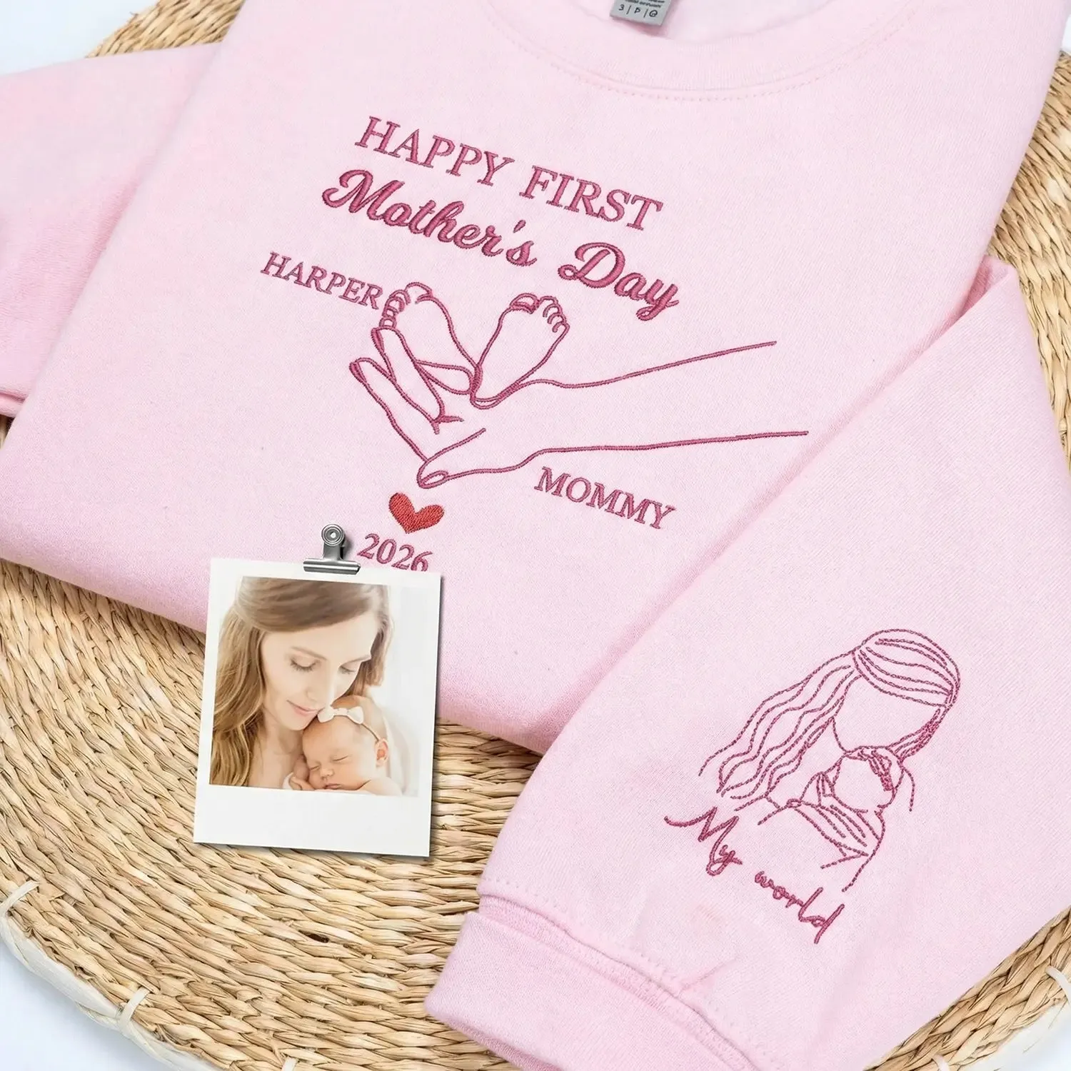 Custom Embroidered First Mother's Day Sweatshirt with Portrait on Sleeve, First Mother's Day Gift for Wife sold by Embroly product image thumbnail 3