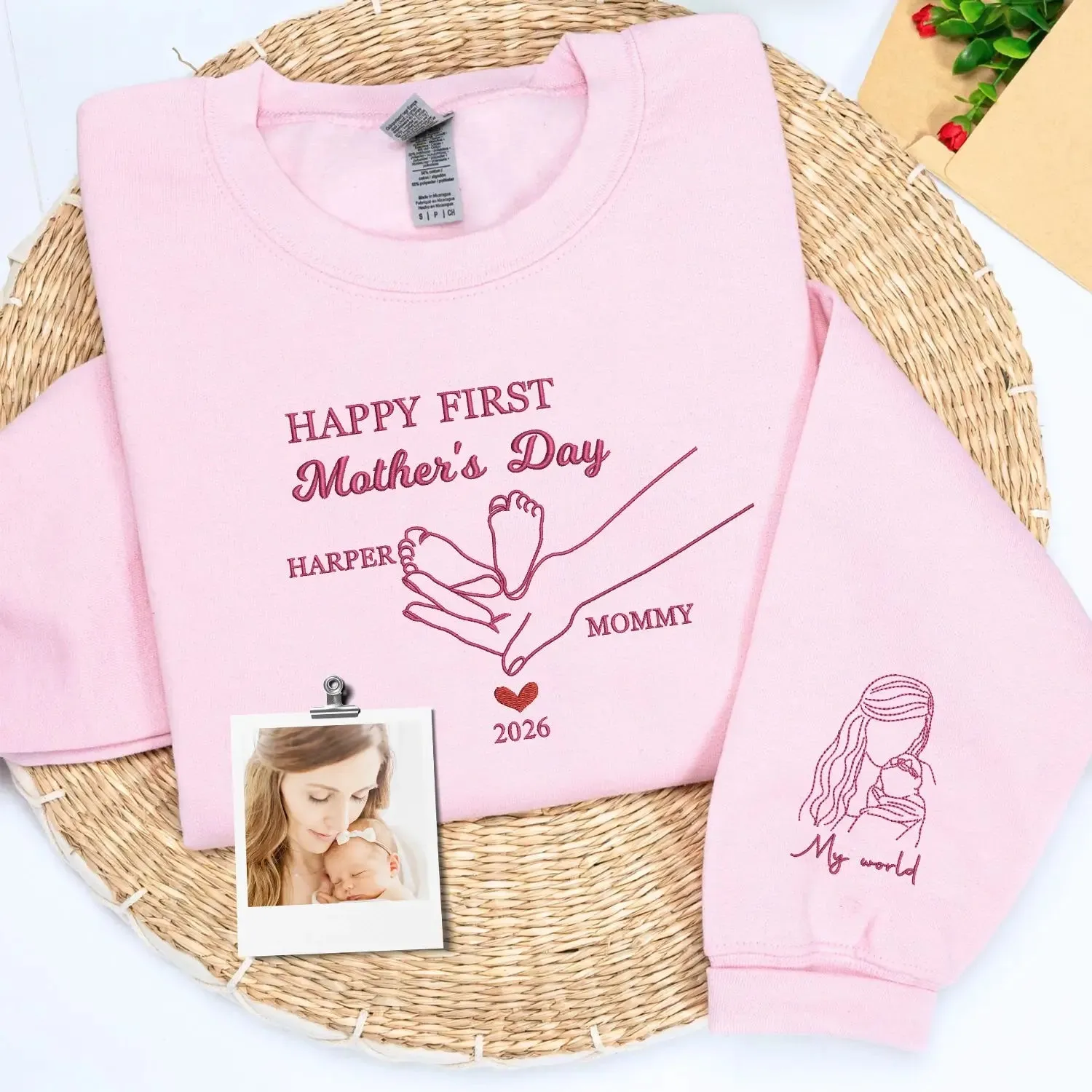 Custom Embroidered First Mother's Day Sweatshirt with Portrait on Sleeve, First Mother's Day Gift for Wife sold by Embroly product image thumbnail 4