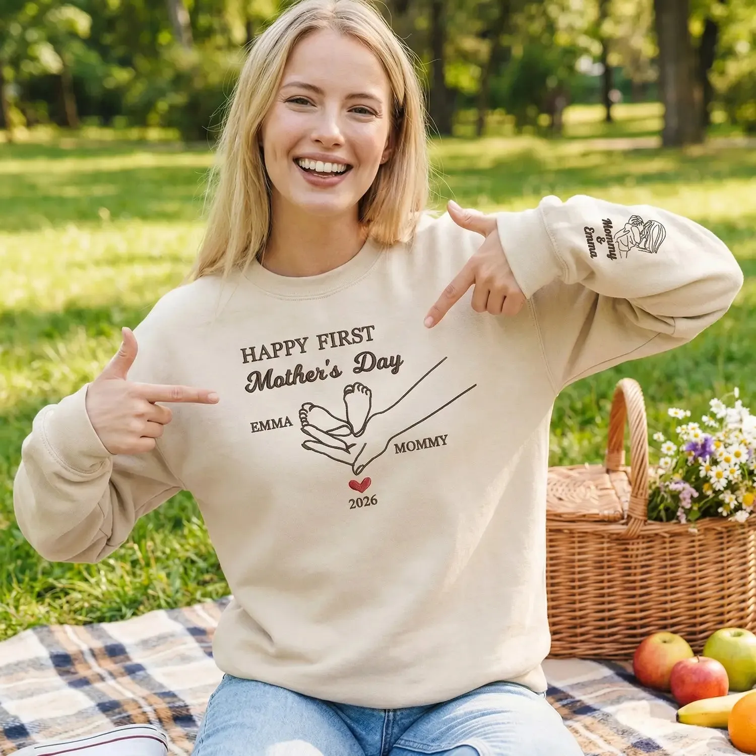 Custom Embroidered First Mother's Day Sweatshirt with Portrait on Sleeve, First Mother's Day Gift for Wife sold by Embroly product image thumbnail 2