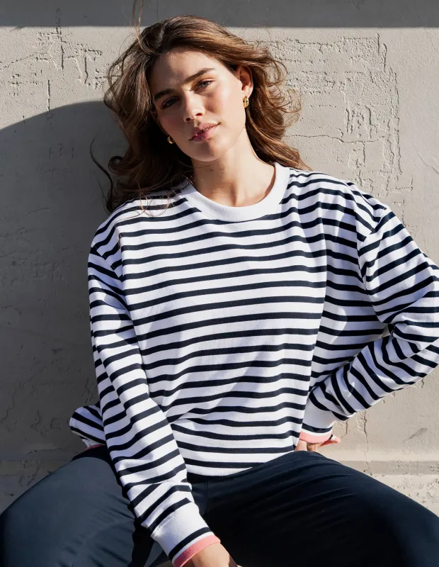 Raven Stripe Fleece Crew White sold by Elm Lifestyle