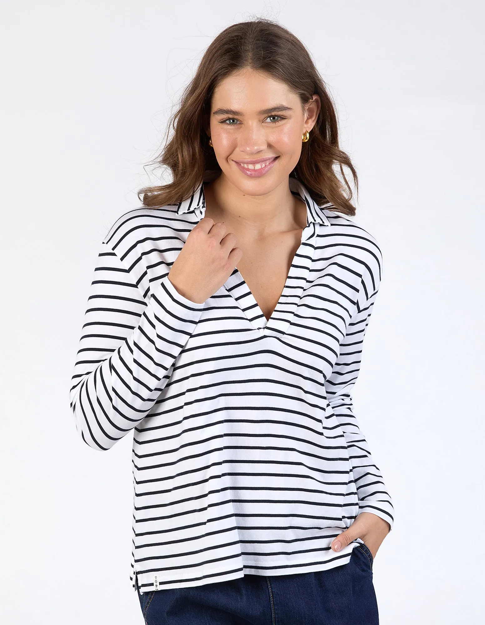 Francesca Long Sleeve Henley Top White & Navy Stripe sold by Elm Lifestyle