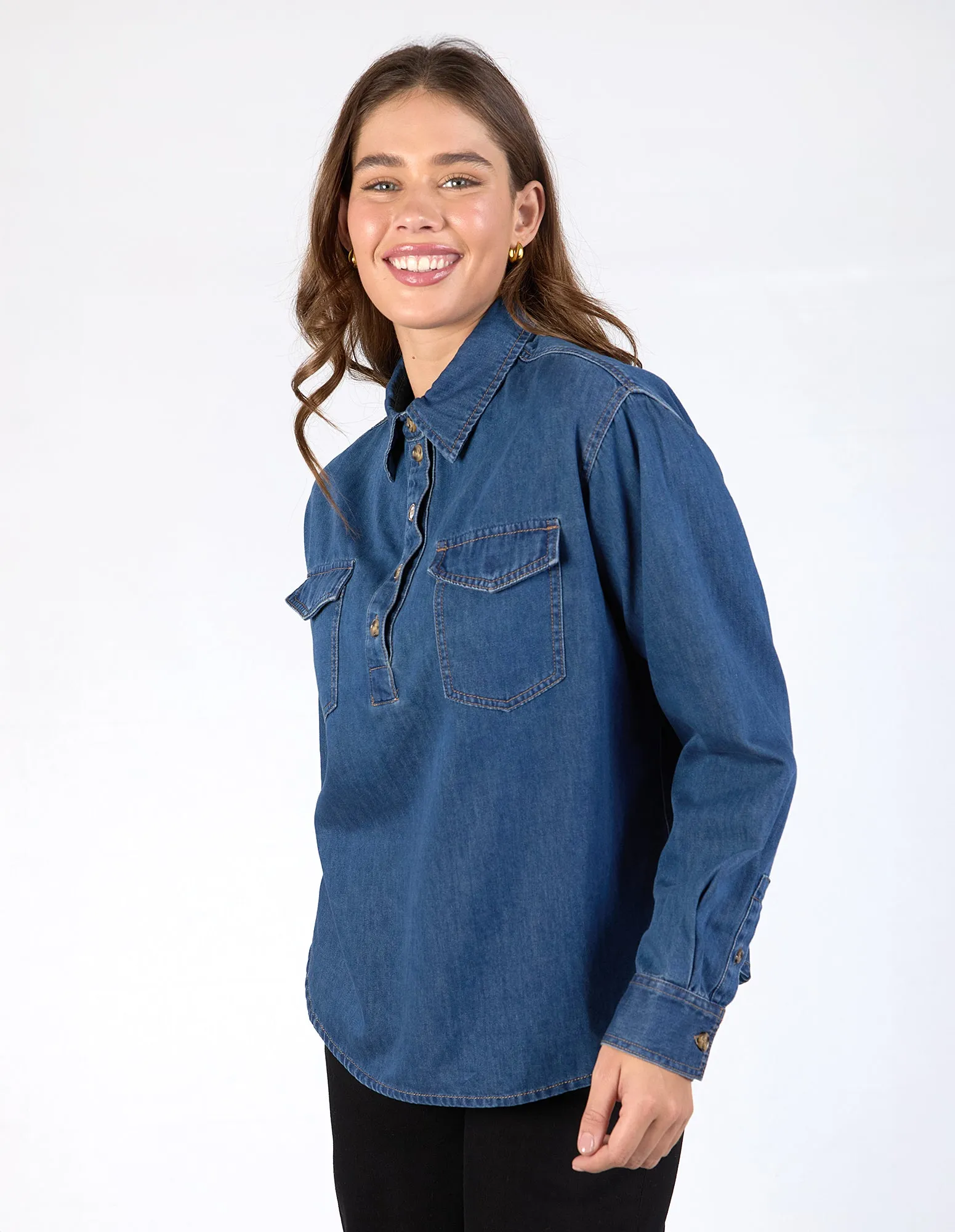 Tessa Denim Half Placket Shirt Dark Blue Wash sold by Elm Lifestyle product image thumbnail 4