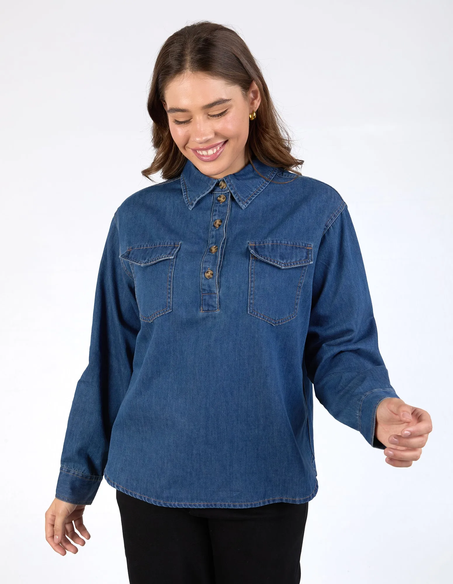 Tessa Denim Half Placket Shirt Dark Blue Wash sold by Elm Lifestyle