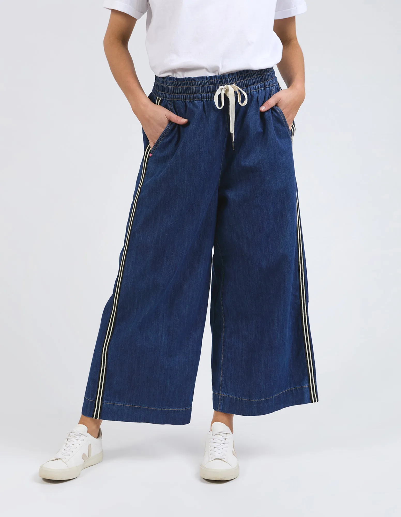 Greta Wide Leg Pant - Side Tape Dark Blue Wash sold by Elm Lifestyle