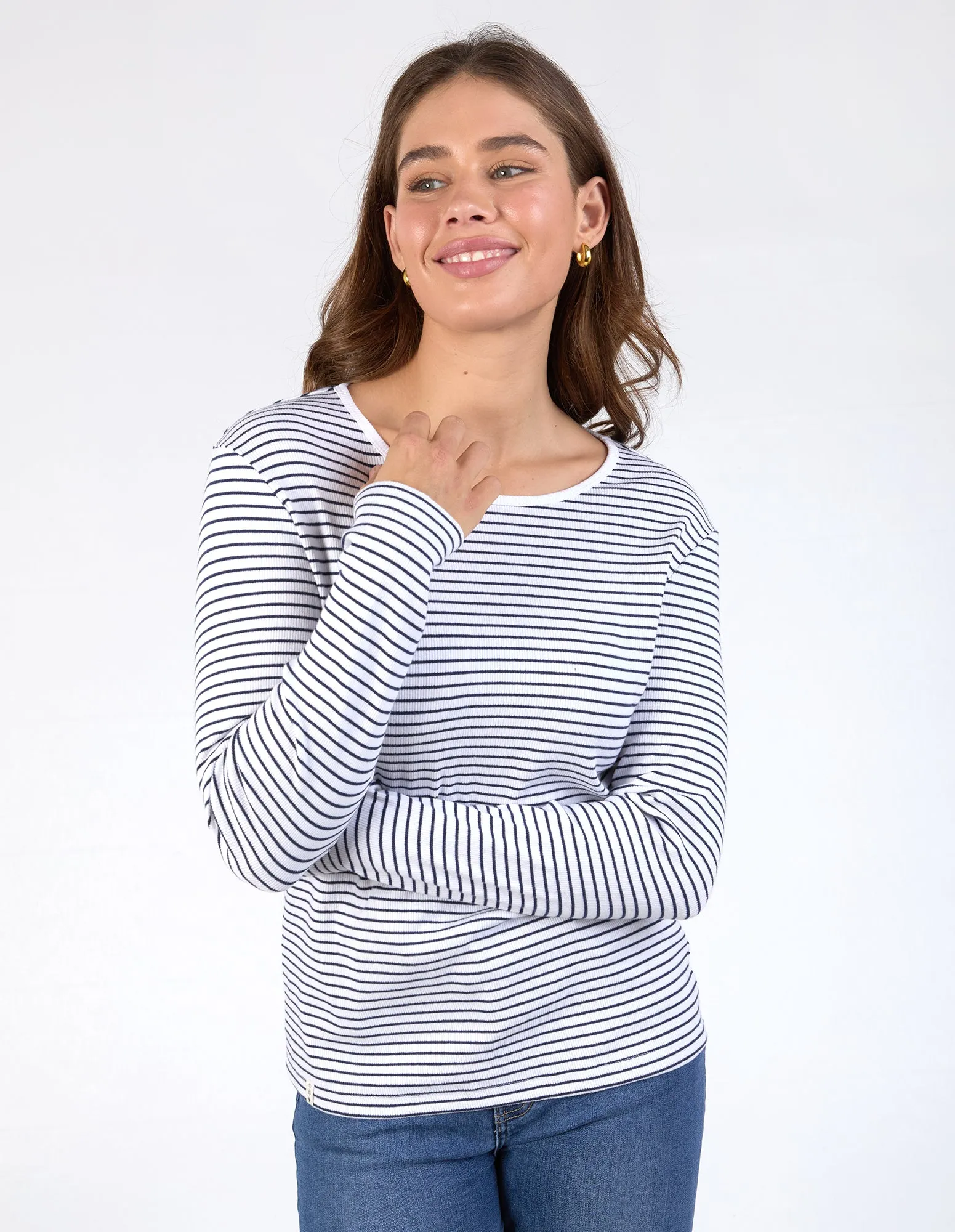 Hayley Rib Long Sleeve White & Navy Stripe sold by Elm Lifestyle