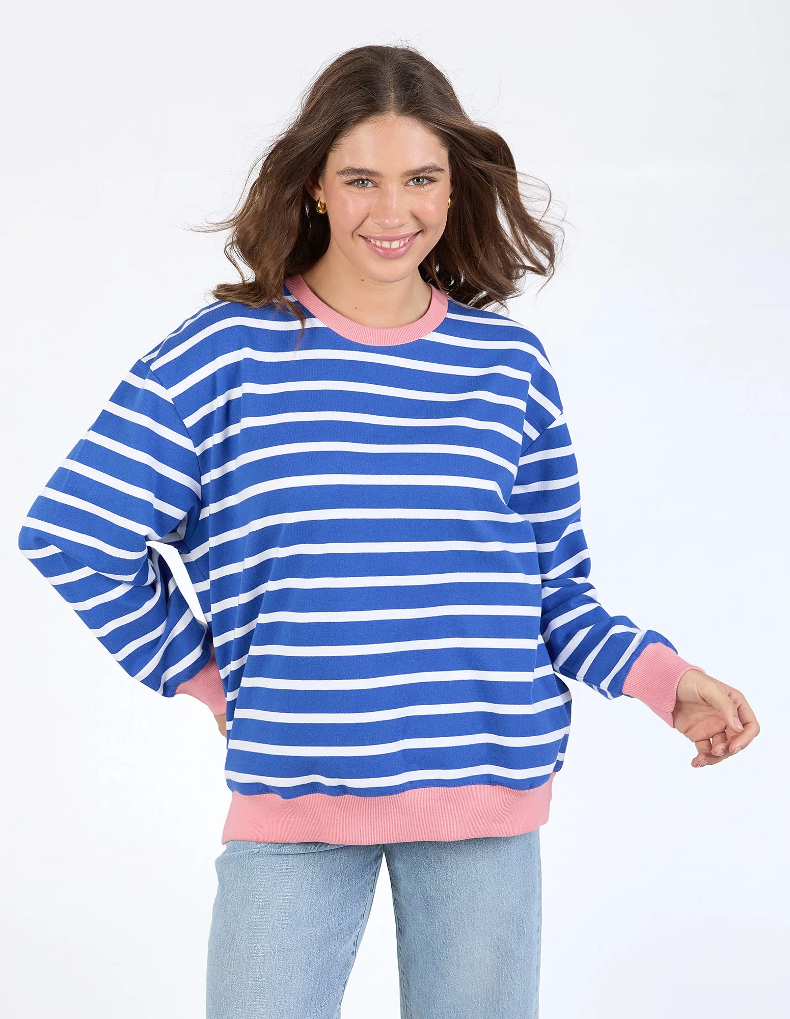 Tully Stripe Fleece Crew French Blue & White sold by Elm Lifestyle