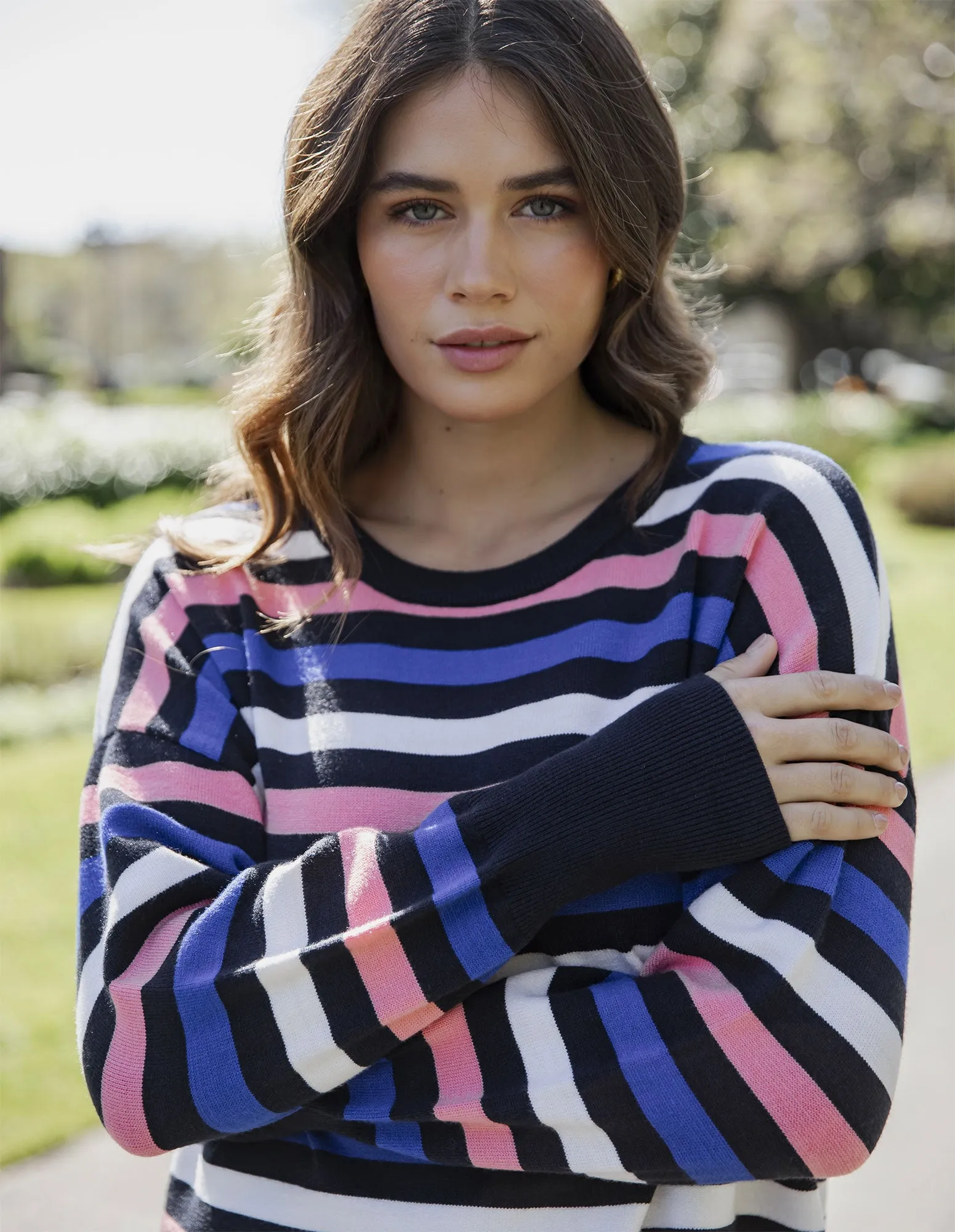 Logan Stripe Knit Navy, French Blue & Pink sold by Elm Lifestyle