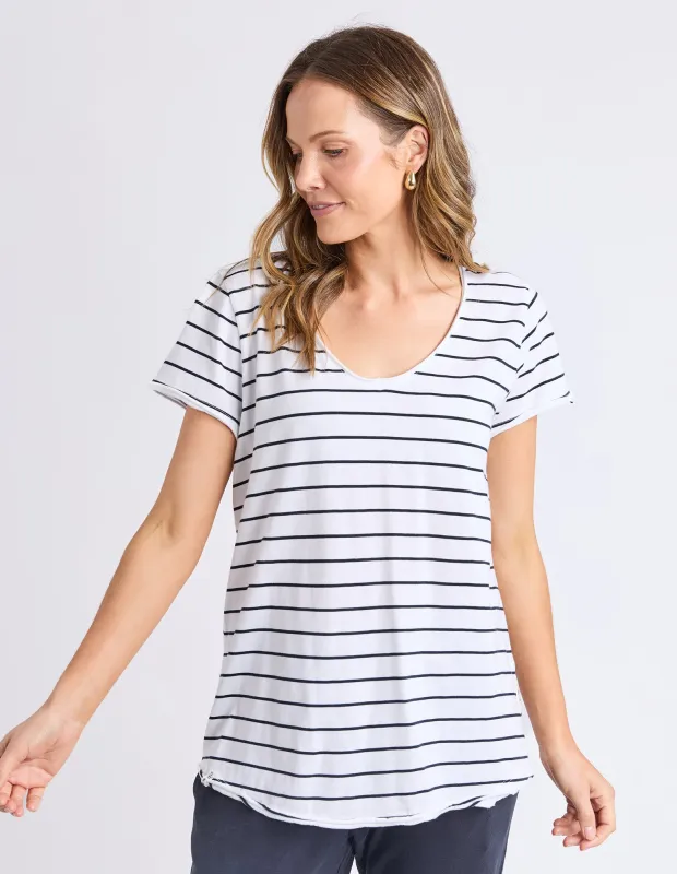 Pima Stripe Vee Tee White & Navy sold by Elm Lifestyle