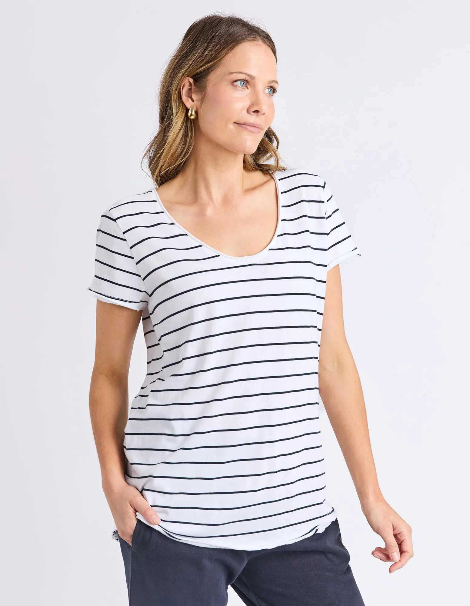 Pima Stripe Vee Tee White & Navy sold by Elm Lifestyle product image thumbnail 4