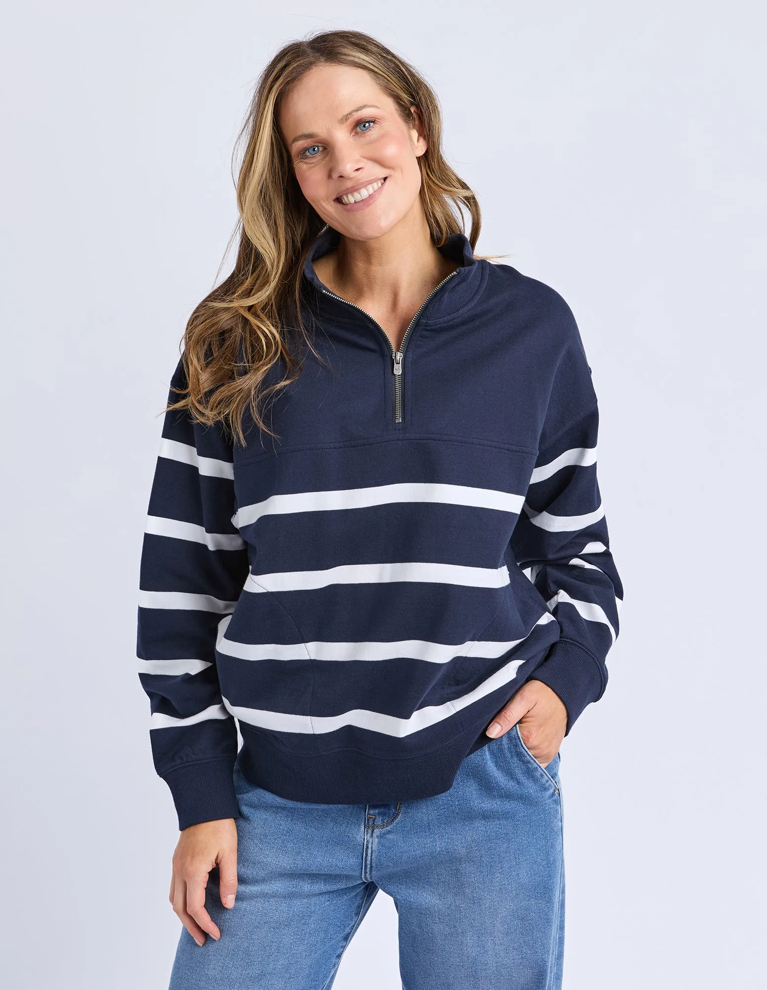 Track Zip Crew Navy & White Stripe sold by Elm Lifestyle
