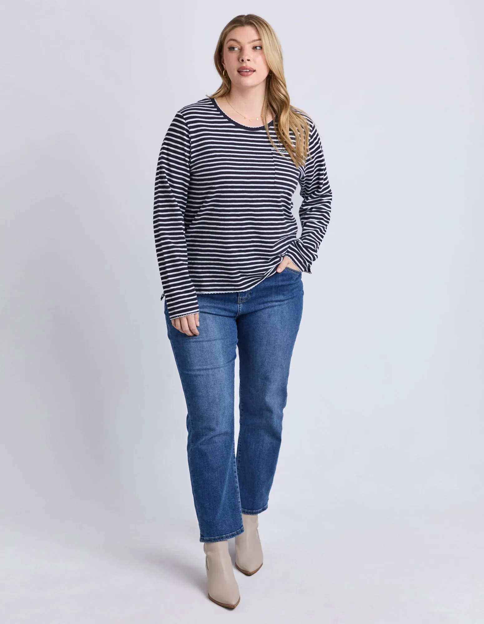 Drea Long Sleeve Tee Navy/White Stripe sold by Elm Lifestyle