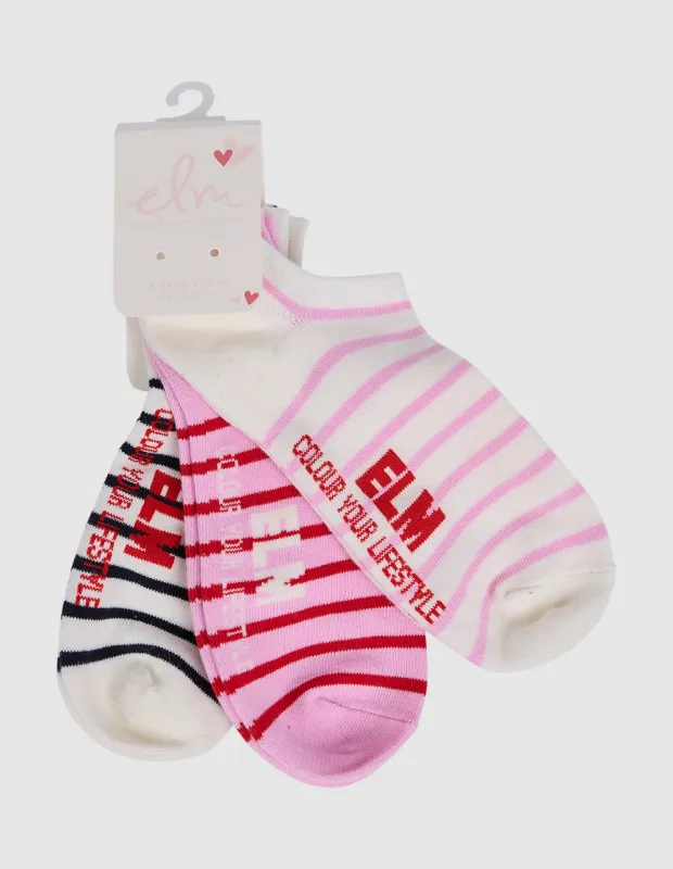 No Show Sock 3pk Navy/Red/Pink Stripe made by Elm Lifestyle