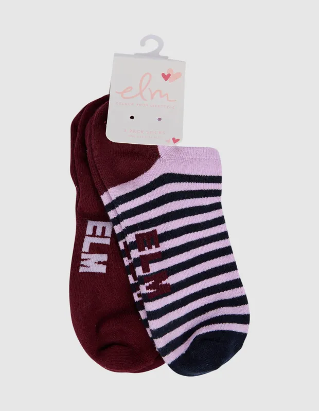 Harmony No Show Sock 2pk Plum/Mauve/Navy made by Elm Lifestyle