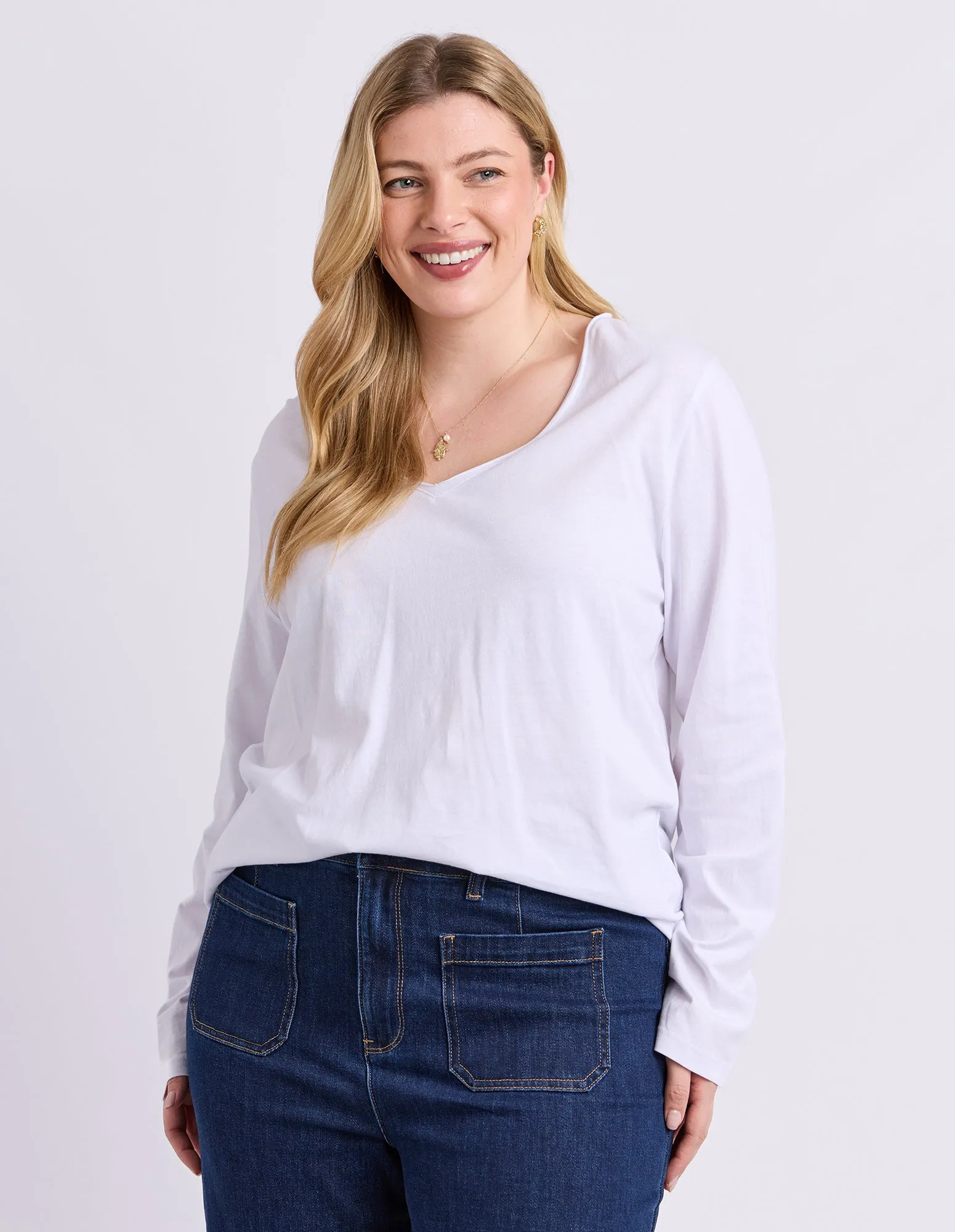 Pima Long Sleeve Vee Tee White sold by Elm Lifestyle