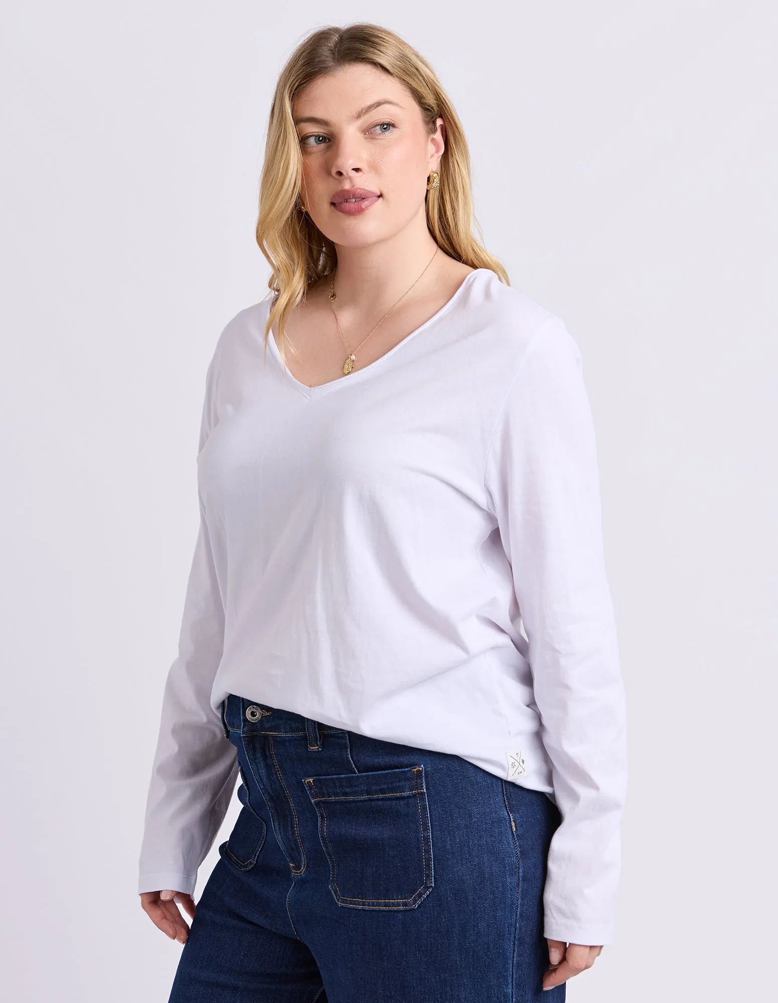 Pima Long Sleeve Vee Tee White sold by Elm Lifestyle product image thumbnail 4