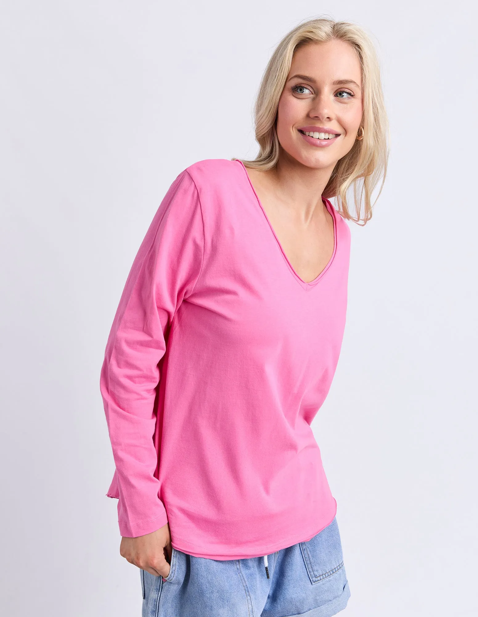 Pima Long Sleeve Vee Tee Hot Pink sold by Elm Lifestyle product image thumbnail 4