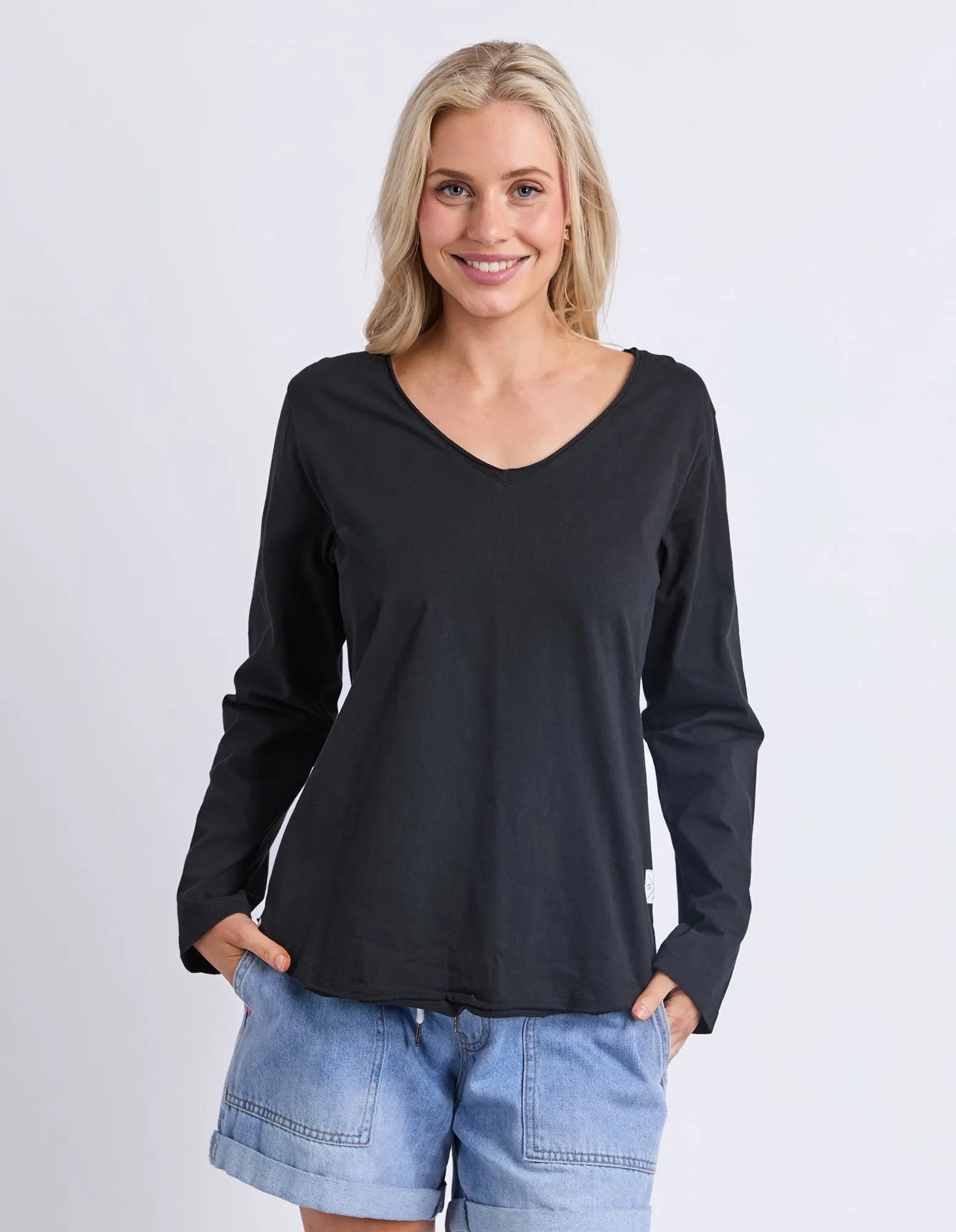 Pima Long Sleeve Vee Tee Black sold by Elm Lifestyle