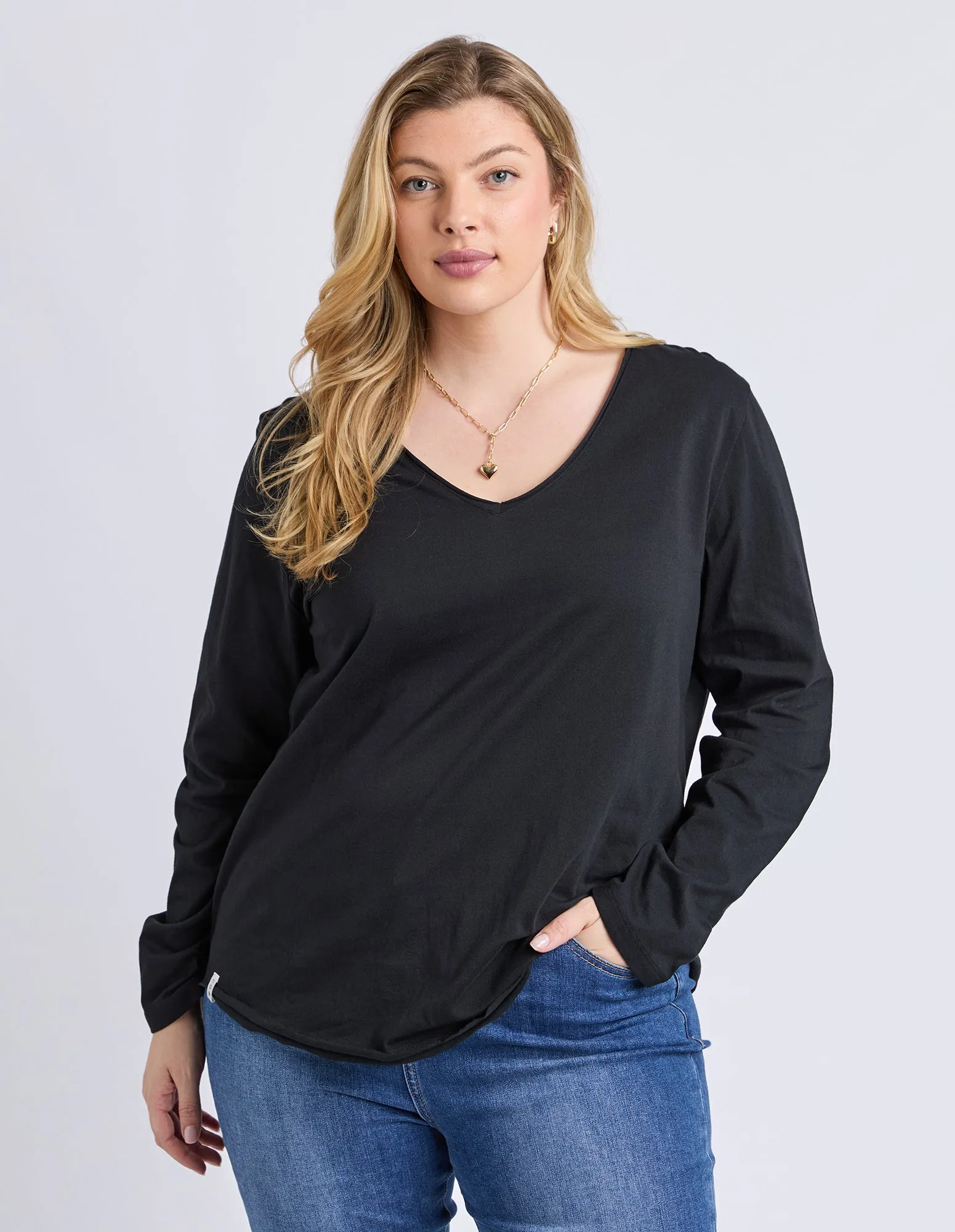 Pima Long Sleeve Vee Tee Black sold by Elm Lifestyle product image thumbnail 2