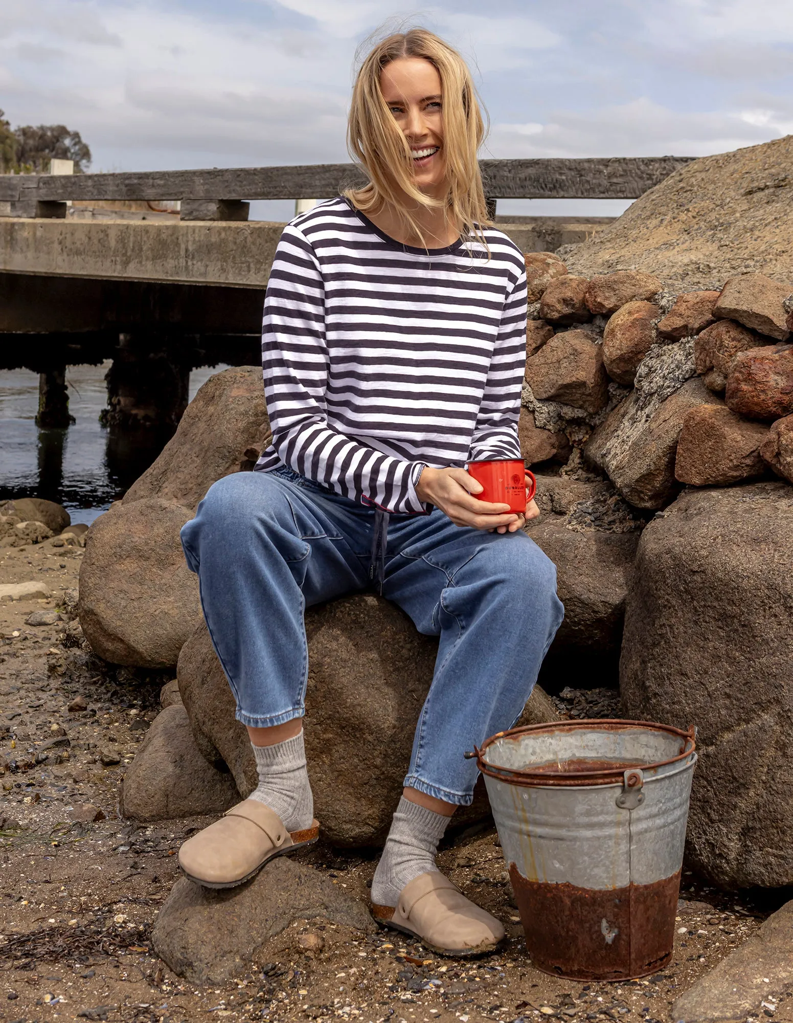 Riviera Long Sleeve Tee Navy & White Stripe sold by Elm Lifestyle