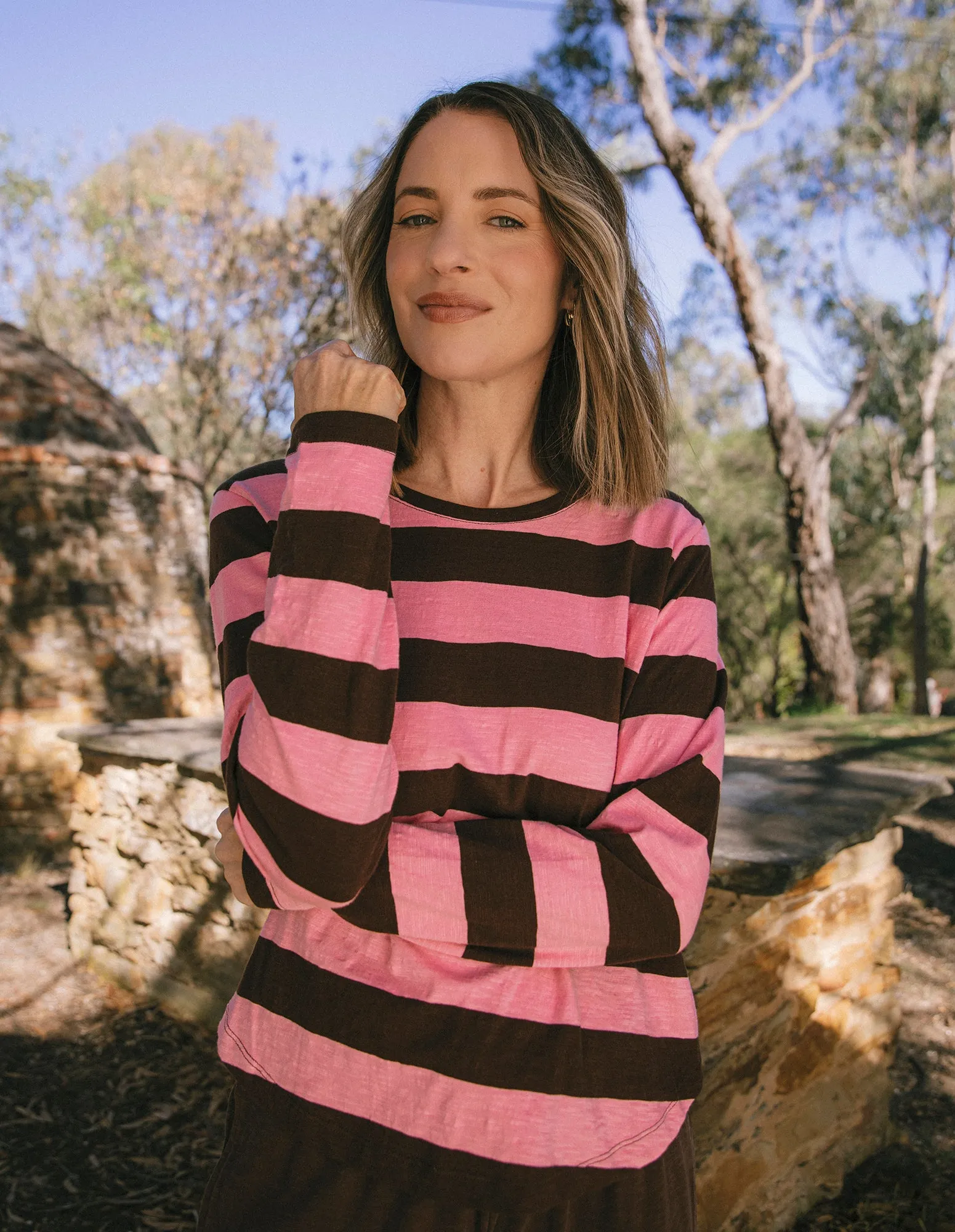 Spritz Stripe Long Sleeve Tee Coffee/Pink sold by Elm Lifestyle