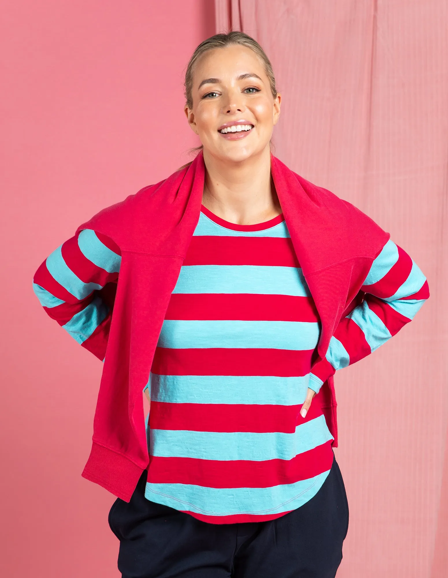 Spritz Stripe Long Sleeve Tee Sea/Dark Pink sold by Elm Lifestyle