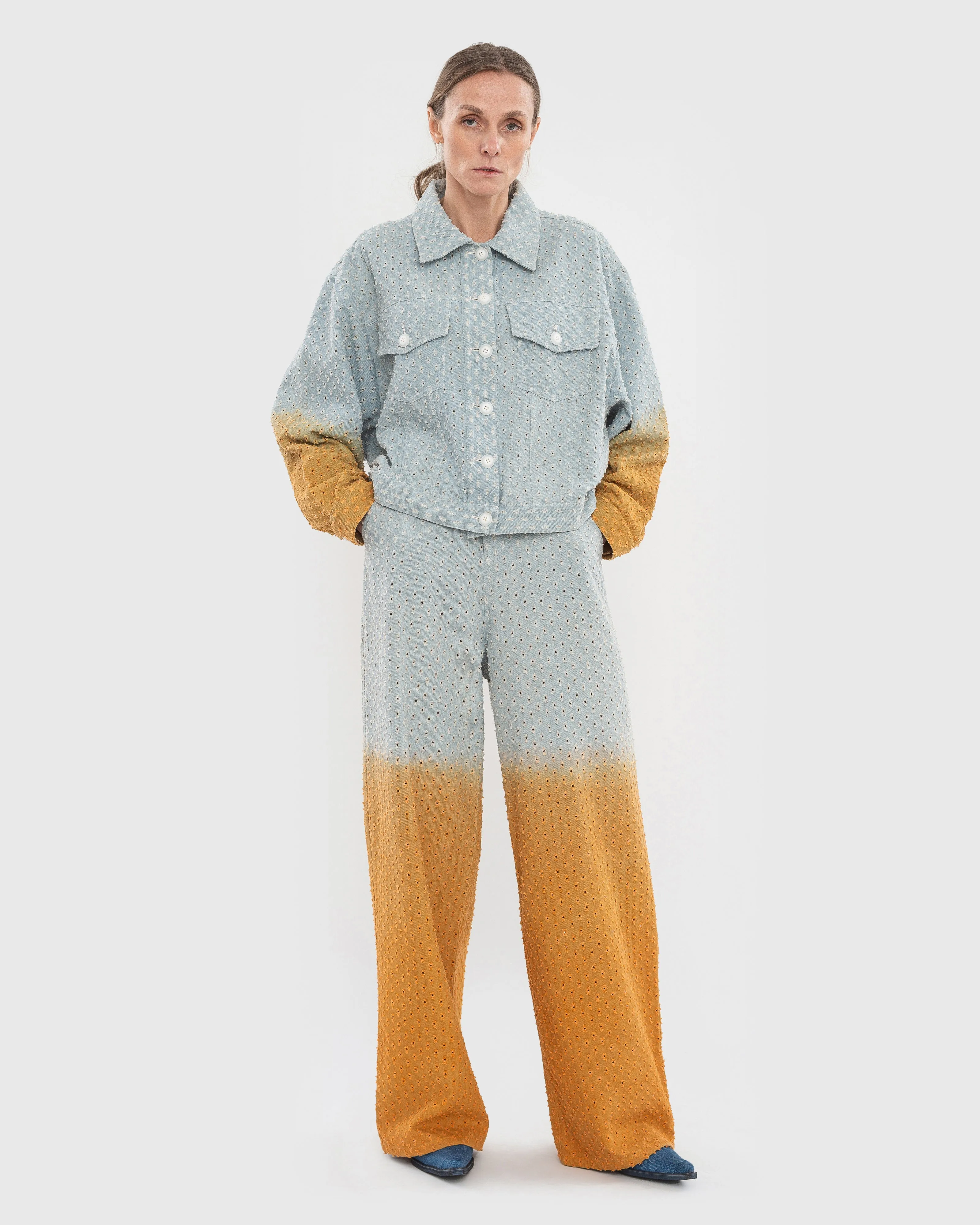 Perforated Denim Jacket with Orange Gradient sold by KSENIASCHNAIDER