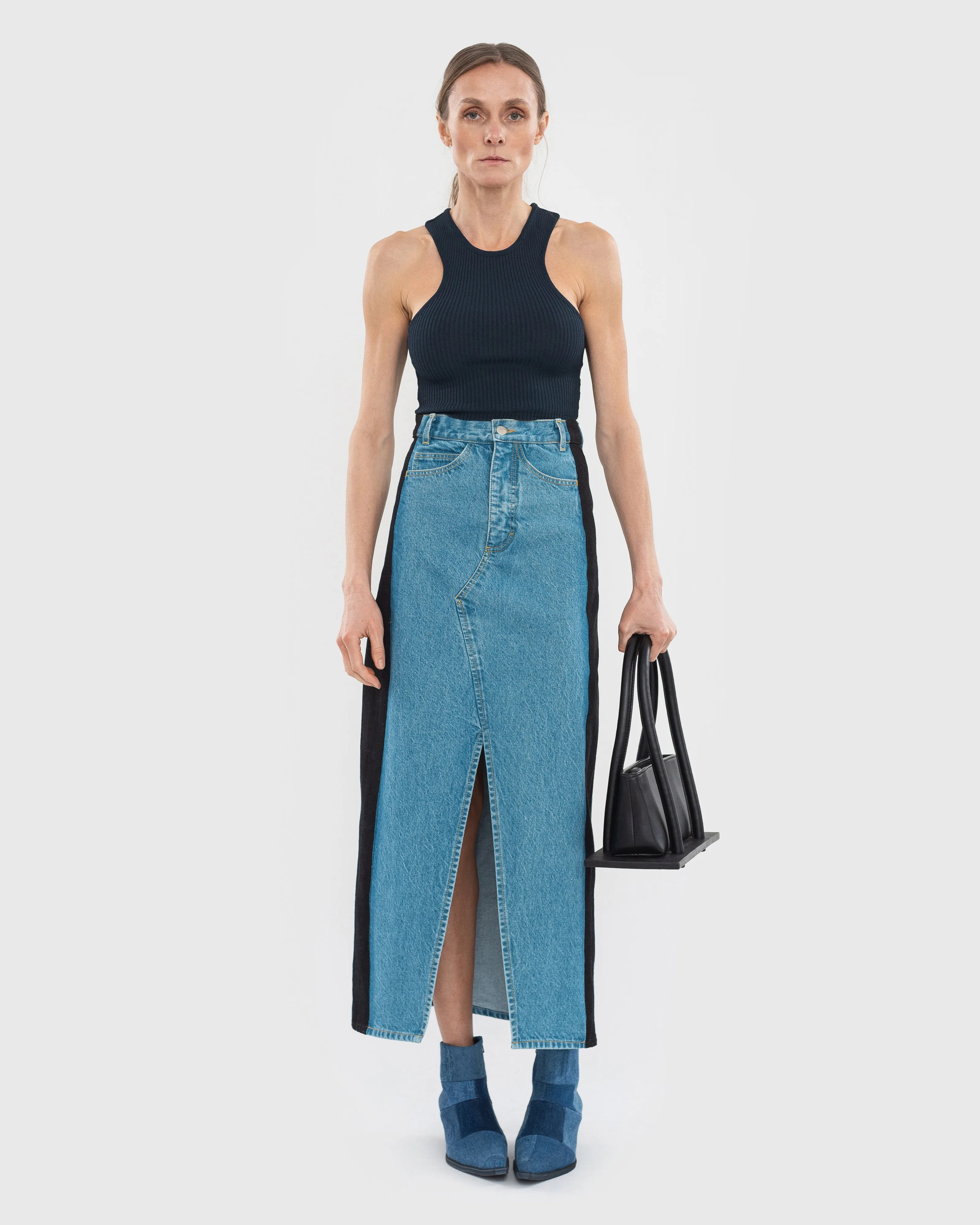 Denim Maxi Skirt with Contrast Side Lines sold by KSENIASCHNAIDER