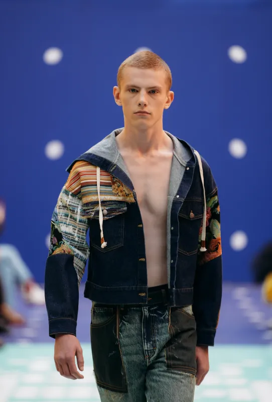 Hooded Tapestry Patchwork Denim Jacket sold by KSENIASCHNAIDER