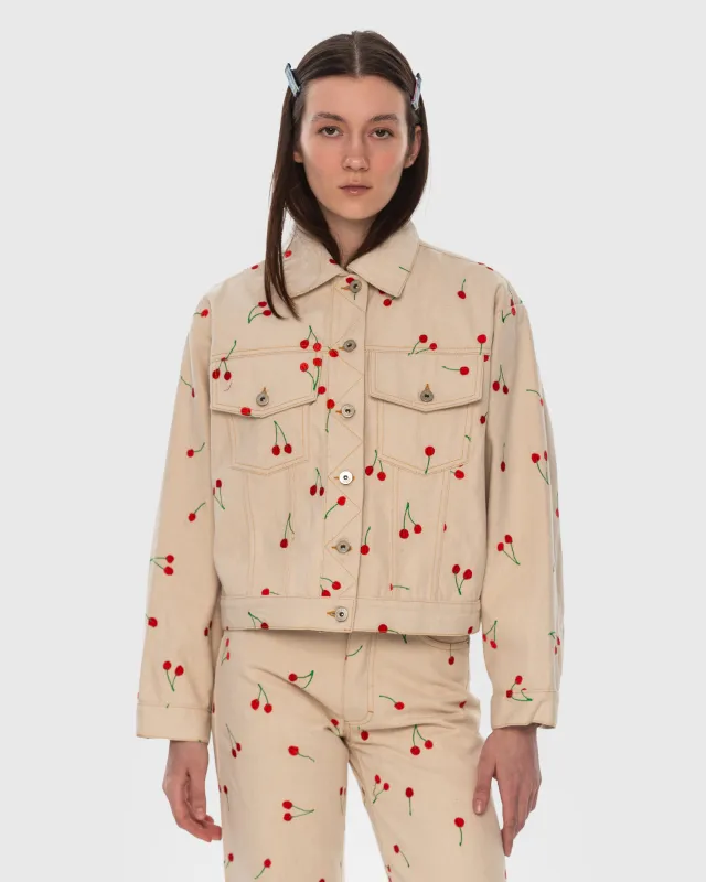 Denim Jacket with Embroidered Cherries made by KSENIASCHNAIDER