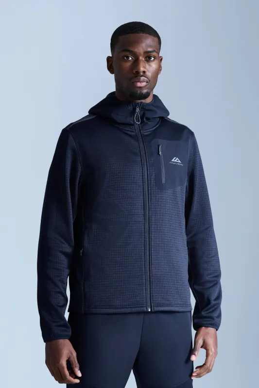 District Gridded Fleece Hood - Deep Ocean/Storm Grey sold by Trailberg