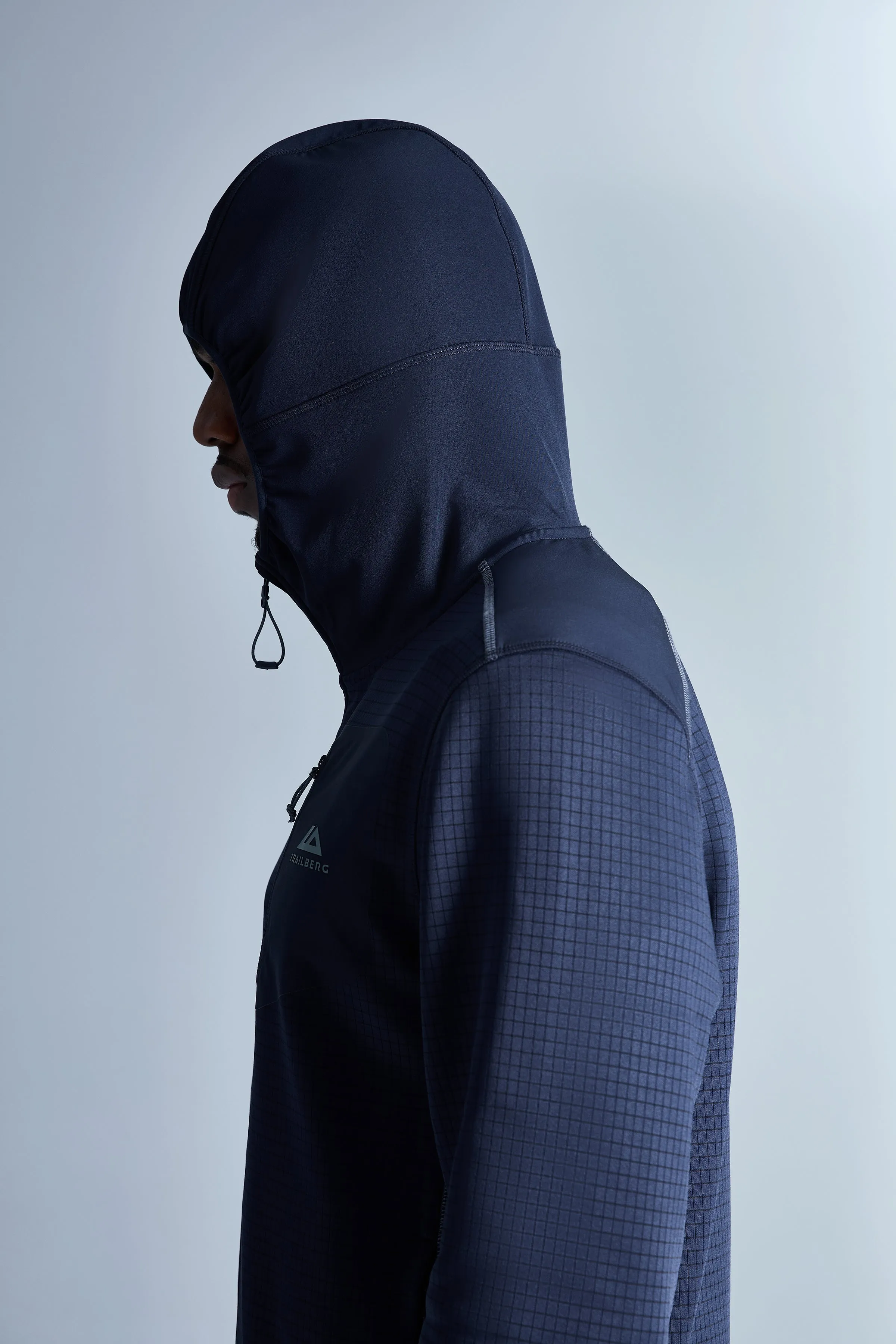 District Gridded Fleece Hood - Deep Ocean/Storm Grey sold by Trailberg product image thumbnail 5