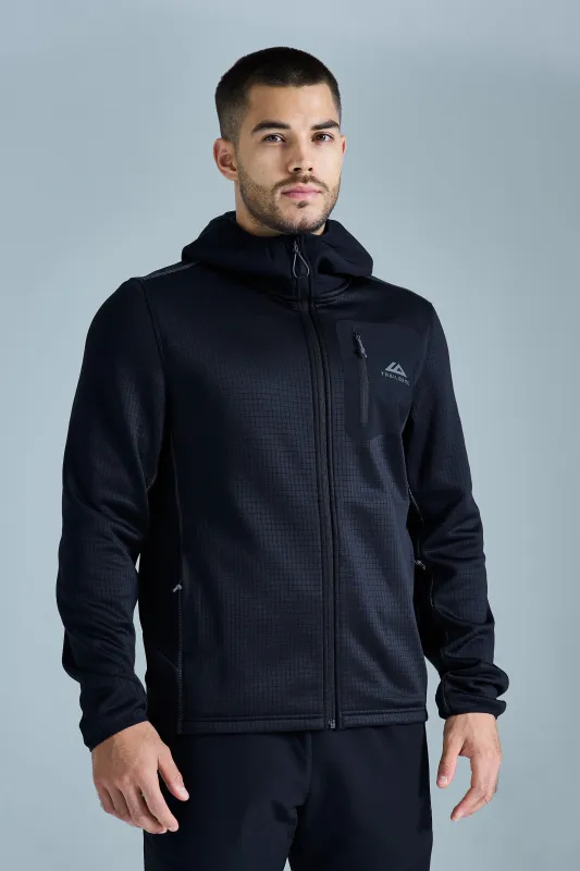 District Gridded Fleece Hood - Black/Volcano Grey sold by Trailberg