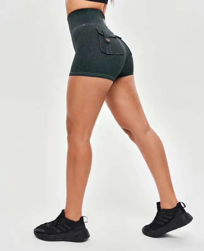 US Exclusive | High Waist Cargo Shorts - Denim Green sold by Firm Abs