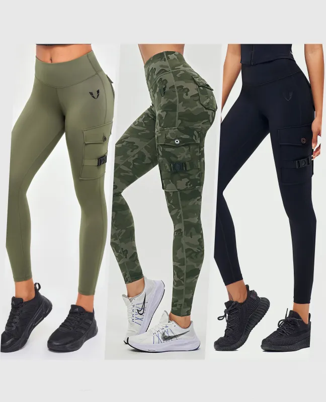 Cargo Fitness Leggings 3PCS Black + Olive + Camo sold by Firm Abs