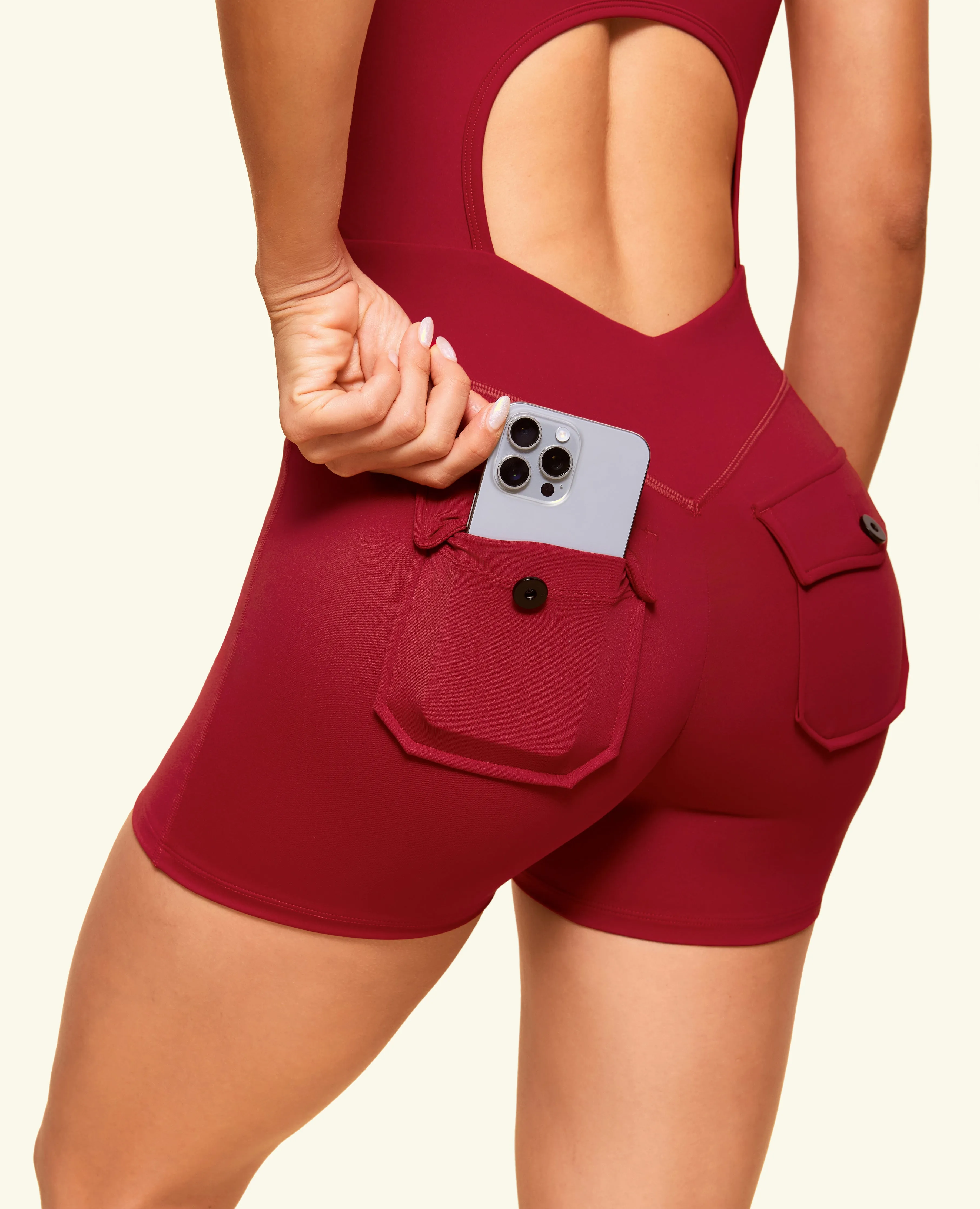 One Shoulder Pocket Bodysuit Short - Red Cranberry sold by Firm Abs product image thumbnail 2