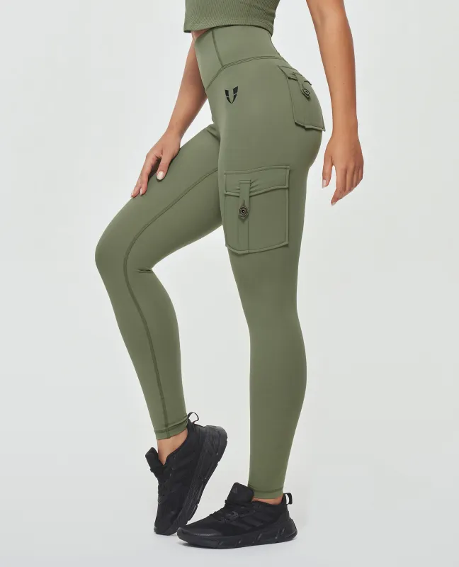 Body Sculpt High Waisted Cargo Leggings - Olive Green sold by Firm Abs
