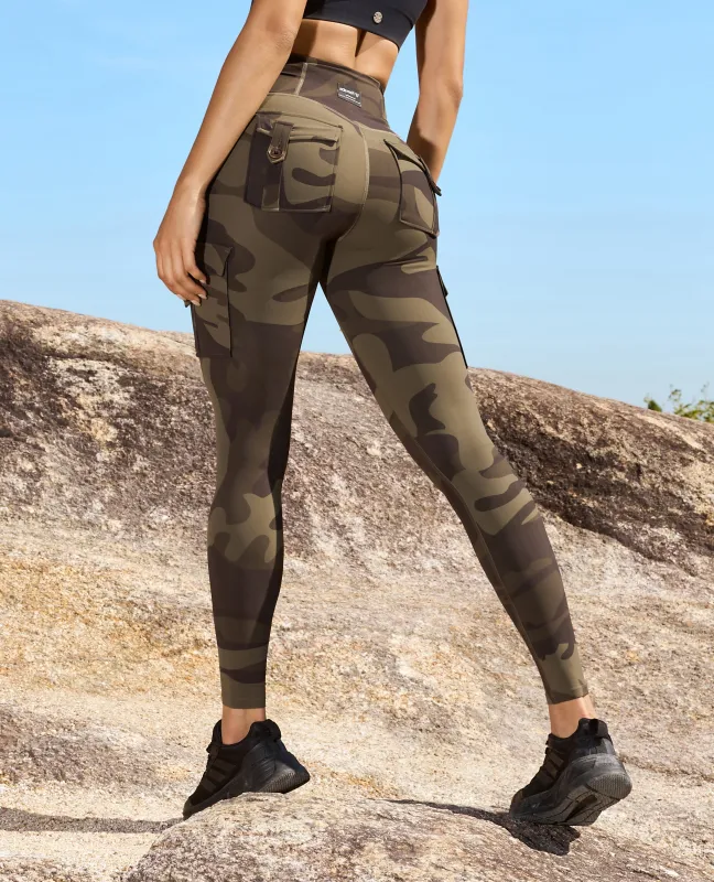 High Waisted Cargo Leggings - Army Green Camo sold by Firm Abs