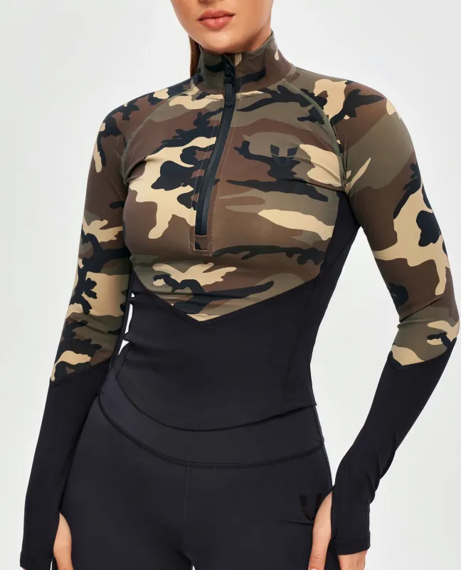 Half Zip Long Sleeve Top - Earth Camo sold by Firm Abs