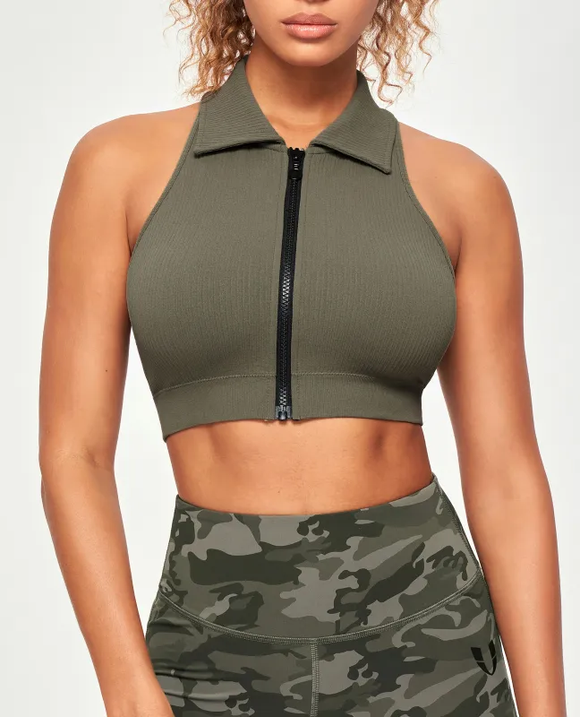 Ribbed Full Zip Padded Tank Top - Olive Green sold by Firm Abs