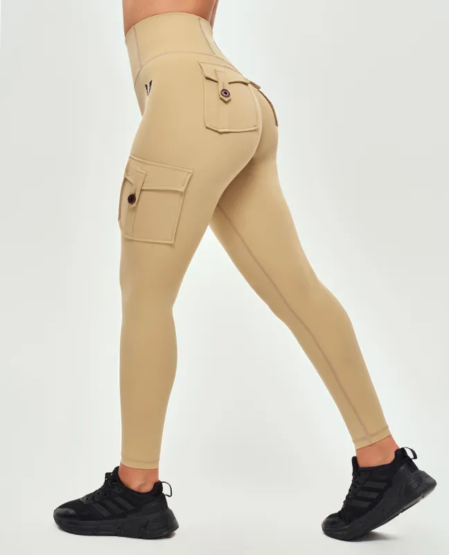 Body Sculpt High Waisted Cargo Leggings - Khaki Yellow sold by Firm Abs