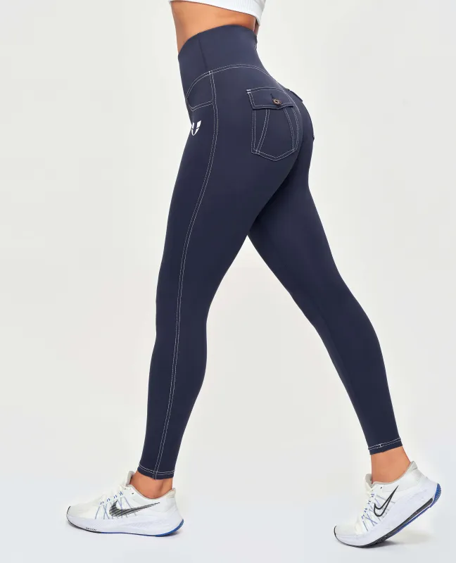 Contrast Stitching High-Waisted Leggings - Navy Blue sold by Firm Abs