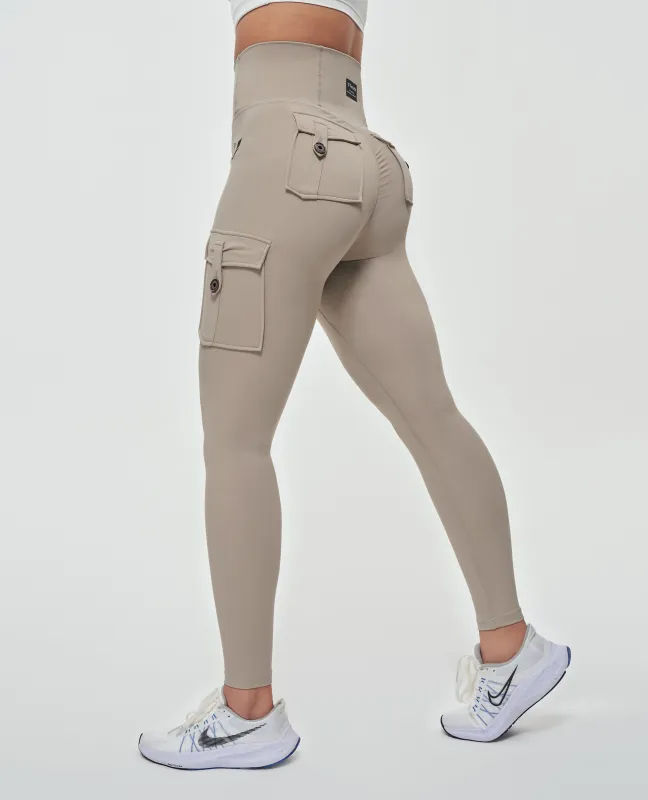 Body Sculpt High Waisted Cargo Leggings - Khaki sold by Firm Abs