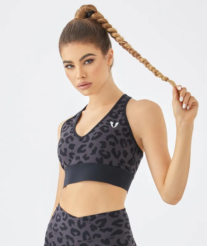 Deep V Leopard Sports Bra In Dark Gray sold by Firm Abs