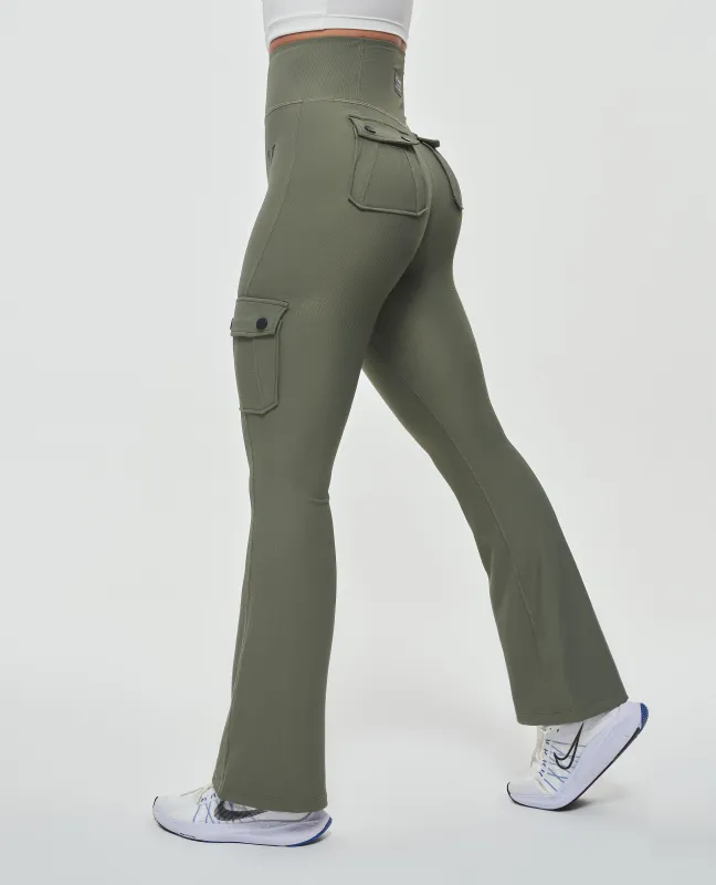 Cargo Pocket Flare Leggings - Olive Green sold by Firm Abs