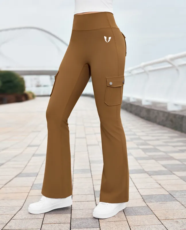Athletic High Waisted Cargo Flare Leggings - Brown sold by Firm Abs